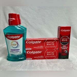 Colgate Optic White,Colgate Optic White Pro Series and Colgate Total mouthwash.